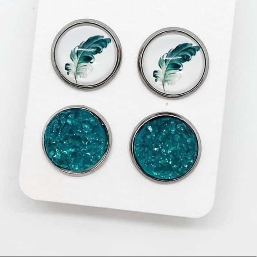Feather & Turquoise Druzy Stud Earrings Set